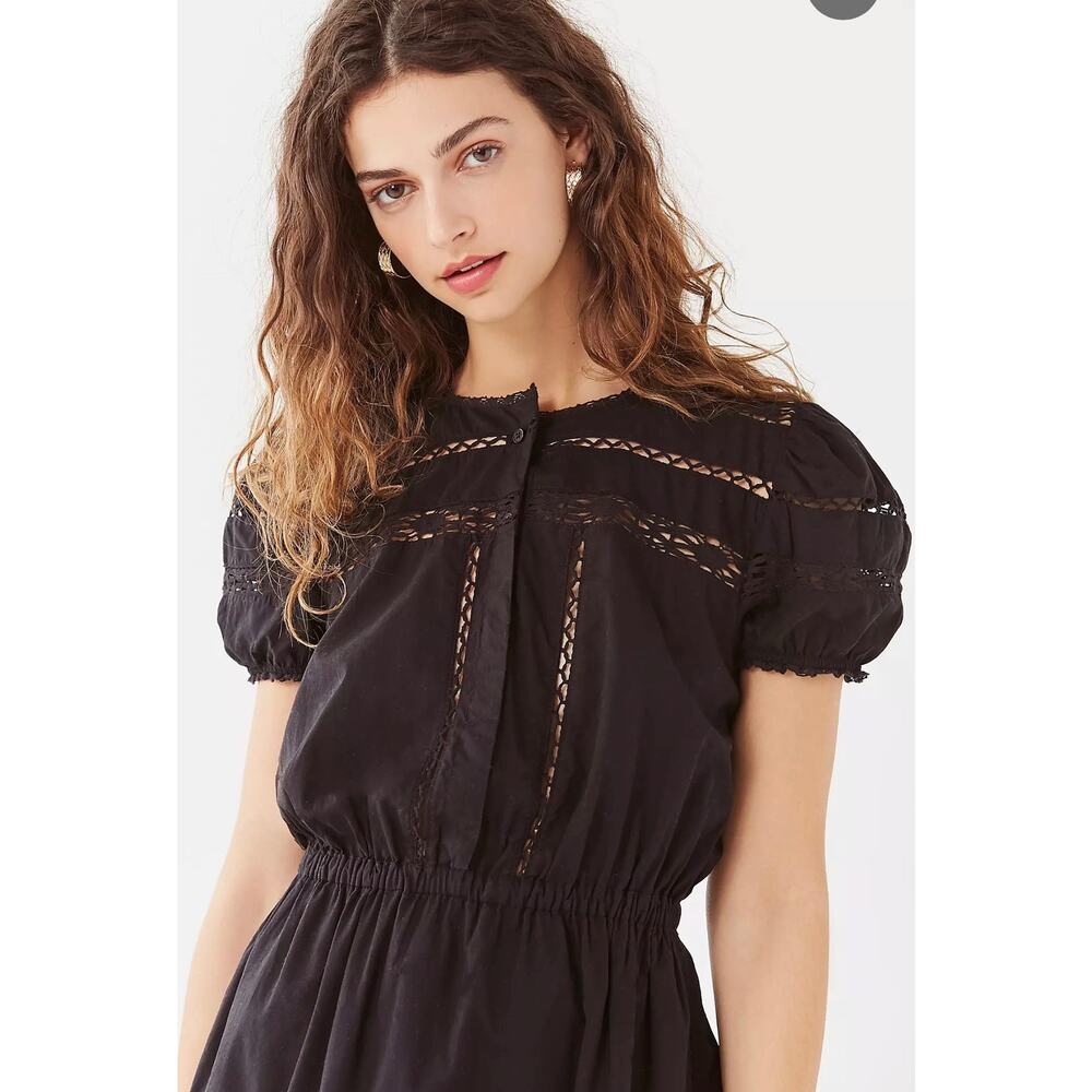 Urban Outfitters Luna Black Crochet Button Down Dress Small Petite S/P Mini Boho